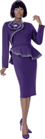 Terramina <br> (Spring 2026) <br> T7308-PU <br> <br> Purple <br> 8 10 12 14 16 18 20 22 <br>  Piece Skirt Suit in  Scuba fabric with Flounce Waistline & Rhinestone Embellishment & Rose Flower Brooch
