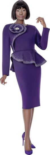 Terramina <br> (Spring 2026) <br> T7308-PU <br> <br> Purple <br> 8 10 12 14 16 18 20 22 <br>  Piece Skirt Suit in  Scuba fabric with Flounce Waistline & Rhinestone Embellishment & Rose Flower Brooch