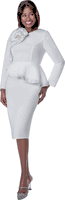 Terramina <br> (Spring 2026) <br> T7308-WH <br> <br> White <br> 8 10 12 14 16 18 20 22 <br>  Piece Skirt Suit in  Scuba fabric with Flounce Waistline & Rhinestone Embellishment & Rose Flower Brooch