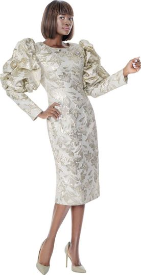 Terramina <br> (Spring 2026) <br> T7325-GO <br> <br> Gold <br> 8 10 12 14 16 18 20 22 <br> 1 Piece Dress in Jacquard with balloon Puff Sleeves