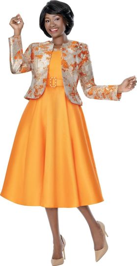 Terramina <br> (Spring 2026) <br> T7338-OR <br> <br> Orange <br> 8 10 12 14 16 18 20 22 <br> 2 Piece Jacket & Dress Silk Look with Brocade Jacket