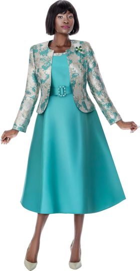 Terramina <br> (Spring 2026) <br> T7338-TE <br> <br> Teal <br> 8 10 12 14 16 18 20 22 <br> 2 Piece Jacket & Dress Silk Look with Brocade Jacket