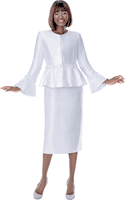 Terramina <br> (Spring 2026) <br> T7862-WH <br> <br> White <br> 8 10 12 14 16 18 20 22 24 <br> 3 Piece Skirt Suit with ribbon trim on peplum Jacket & on flare sleeves cuffs in silky twill fabric