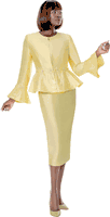 Terramina <br> (Spring 2026) <br> T7862-YE <br> <br> Yellow <br> 8 10 12 14 16 18 20 22 24 <br> 3 Piece Skirt Suit with ribbon trim on peplum Jacket & on flare sleeves cuffs in silky twill fabric