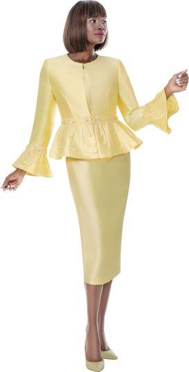 Terramina <br> (Spring 2026) <br> T7862-YE <br> <br> Yellow <br> 8 10 12 14 16 18 20 22 24 <br> 3 Piece Skirt Suit with ribbon trim on peplum Jacket & on flare sleeves cuffs in silky twill fabric