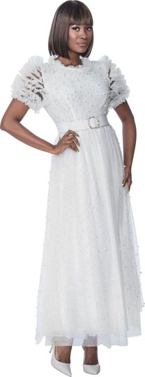 Terramina <br> (Spring 2026) <br> T7999 <br> <br> Pearl  <br>  Black <br> 8 10 12 14 16 18 20 22 <br> 1 Piece Dress Pearl Studded Midi Dress with buckle belt head & ruffles sleeves & neckline