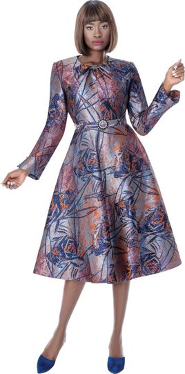 Terramina <br> (Spring 2026) <br> T7001 <br> <br> Navy <br> 8 10 12 14 16 18 20 22 <br> 1 Piece Dress flared skirt, belt look &�Rhinestone Bow neck