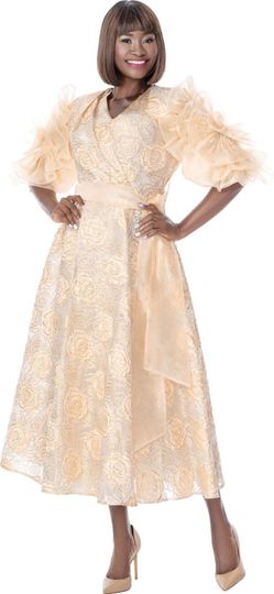 Terramina <br> (Spring 2026) <br> T7006 <br> <br> Gold <br> 8 10 12 14 16 18 20 22 <br> 1 Piece Dress novelty lace Midi wrap dress with sash belt & ruffle embellished short sleeves