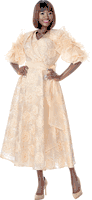 Terramina <br> (Spring 2026) <br> T7006 <br> <br> Gold <br> 8 10 12 14 16 18 20 22 <br> 1 Piece Dress novelty lace Midi wrap dress with sash belt & ruffle embellished short sleeves