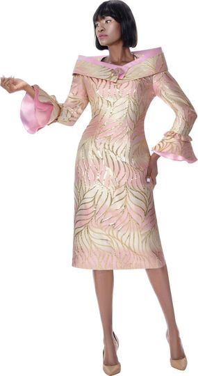 Terramina <br> (Spring 2026) <br> T7007 <br> <br> Pink <br> 8 10 12 14 16 18 20 22 <br> 1 Piece Dress portrait shoulder, rhinestone brooch & flare cuffs