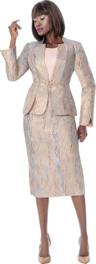 Terramina <br> (Spring 2026) <br> T7009 <br> <br> Bronze <br> 8 10 12 14 16 18 20 22 24 <br> 3 Piece Skirt Suit Rhinestone Clasp Closure in embossed brocade