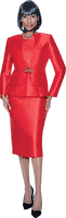Terramina <br> (Spring 2026) <br> T7990-RE <br> <br> Red <br> 8 10 12 14 16 18 20 22 24 <br> 3 Piece Skirt Suit in Light Silk Look with Peplum Jacket & Rhinestone Clasp Closure