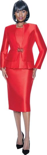 Terramina <br> (Spring 2026) <br> T7990-RE <br> <br> Red <br> 8 10 12 14 16 18 20 22 24 <br> 3 Piece Skirt Suit in Light Silk Look with Peplum Jacket & Rhinestone Clasp Closure