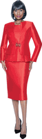 Terramina <br> (Year Round) <br> T7990-RE <br> <br> Red <br> 8 10 12 14 16 18 20 22 24 <br> 3 Piece Skirt Suit in Light Silk Look with Peplum Jacket & Rhinestone Clasp Closure