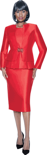 Terramina <br> (Year Round) <br> T7990-RE <br> <br> Red <br> 8 10 12 14 16 18 20 22 24 <br> 3 Piece Skirt Suit in Light Silk Look with Peplum Jacket & Rhinestone Clasp Closure