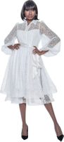 Terramina <br> (Spring 2026) <br> T7067-WH <br> <br> White <br> 8 10 12 14 16 18 20 22 <br> 1 Piece Dress collared�novelty lace dress with satin belt & button front with sheer shoulder & bishop sleeves & layered hem