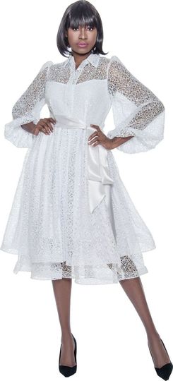 Terramina <br> (Spring 2026) <br> T7067-WH <br> <br> White <br> 8 10 12 14 16 18 20 22 <br> 1 Piece Dress collared�novelty lace dress with satin belt & button front with sheer shoulder & bishop sleeves & layered hem