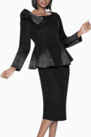 Terramina <br> (Year Round) <br> T7108-BL <br> <br> Black <br> 8 10 12 14 16 18 20 22 <br> 2 Piece Skirt Suit in Scuba fabric with� Bow Accent & Rhinestones in Peplum Style