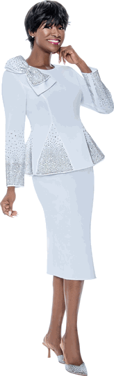 Terramina <br> (Year Round) <br> T7108-WH <br> <br> White <br> 8 10 12 14 16 18 20 22 <br> 2 Piece Skirt Suit in Scuba fabric with� Bow Accent & Rhinestones in Peplum Style