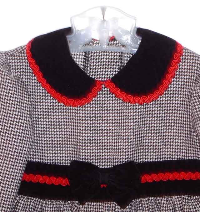 black houndstooth check toddler dress with velvet collar and red braid