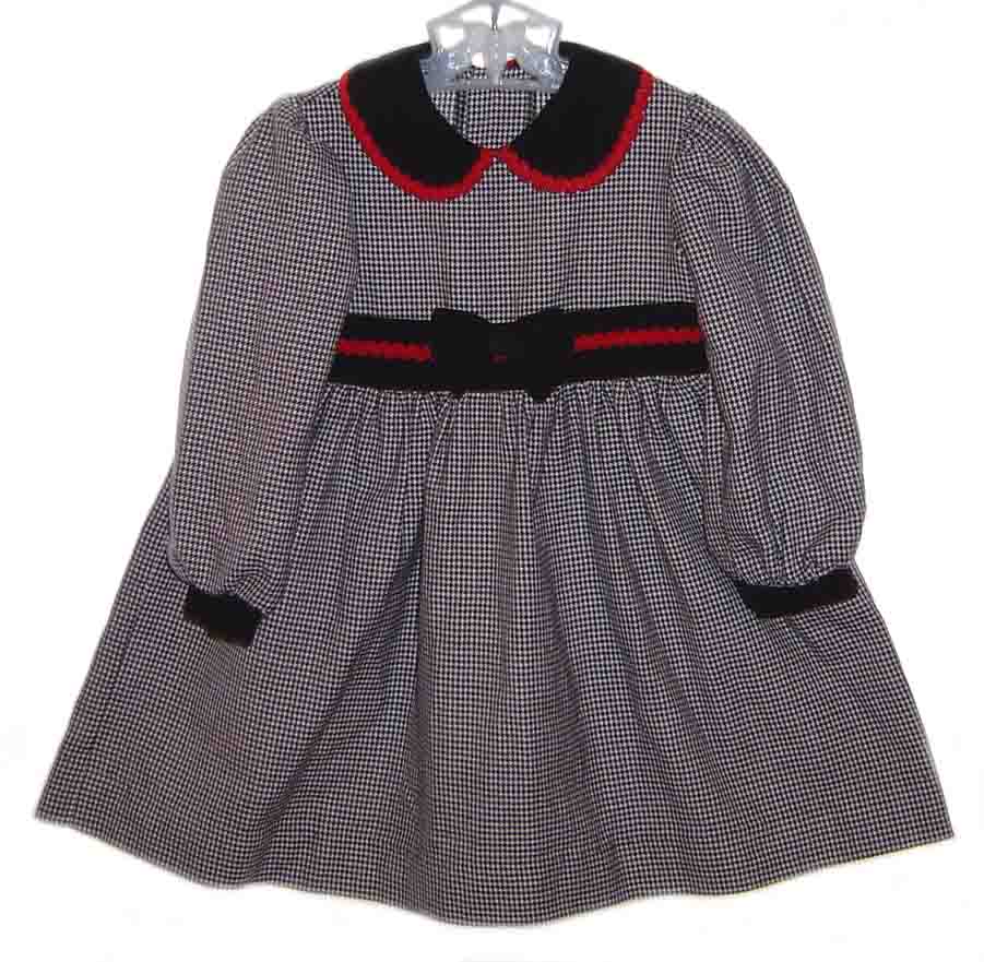 black houndstooth check toddler dress with velvet collar and red braid