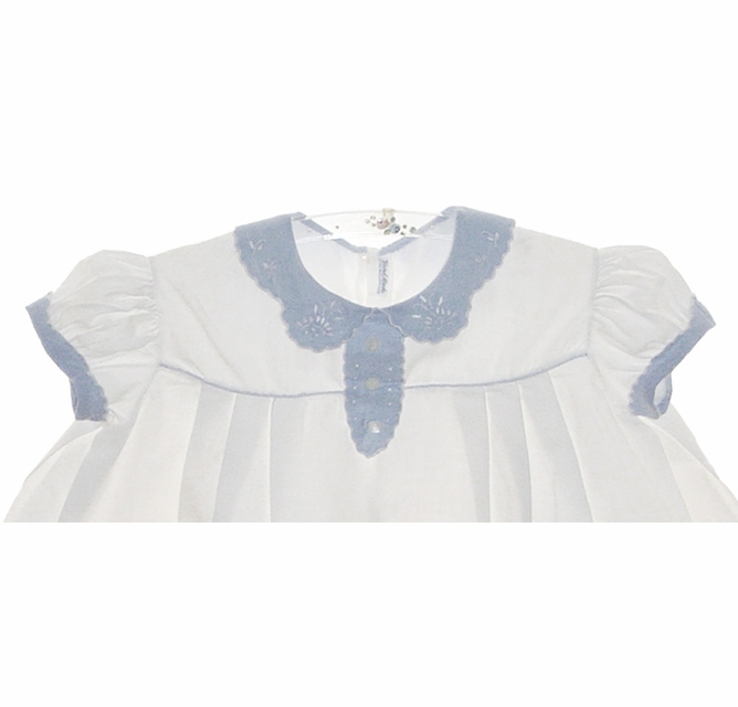 heirloom 1940s white baby dress with blue embroidered collar and  cuffs,heirloom 1940s dress for baby girls,heirloom portrait dress for baby  girls,heirloom baptism dress for baby girls,heirloom dedication dress for  baby girls,baby girls