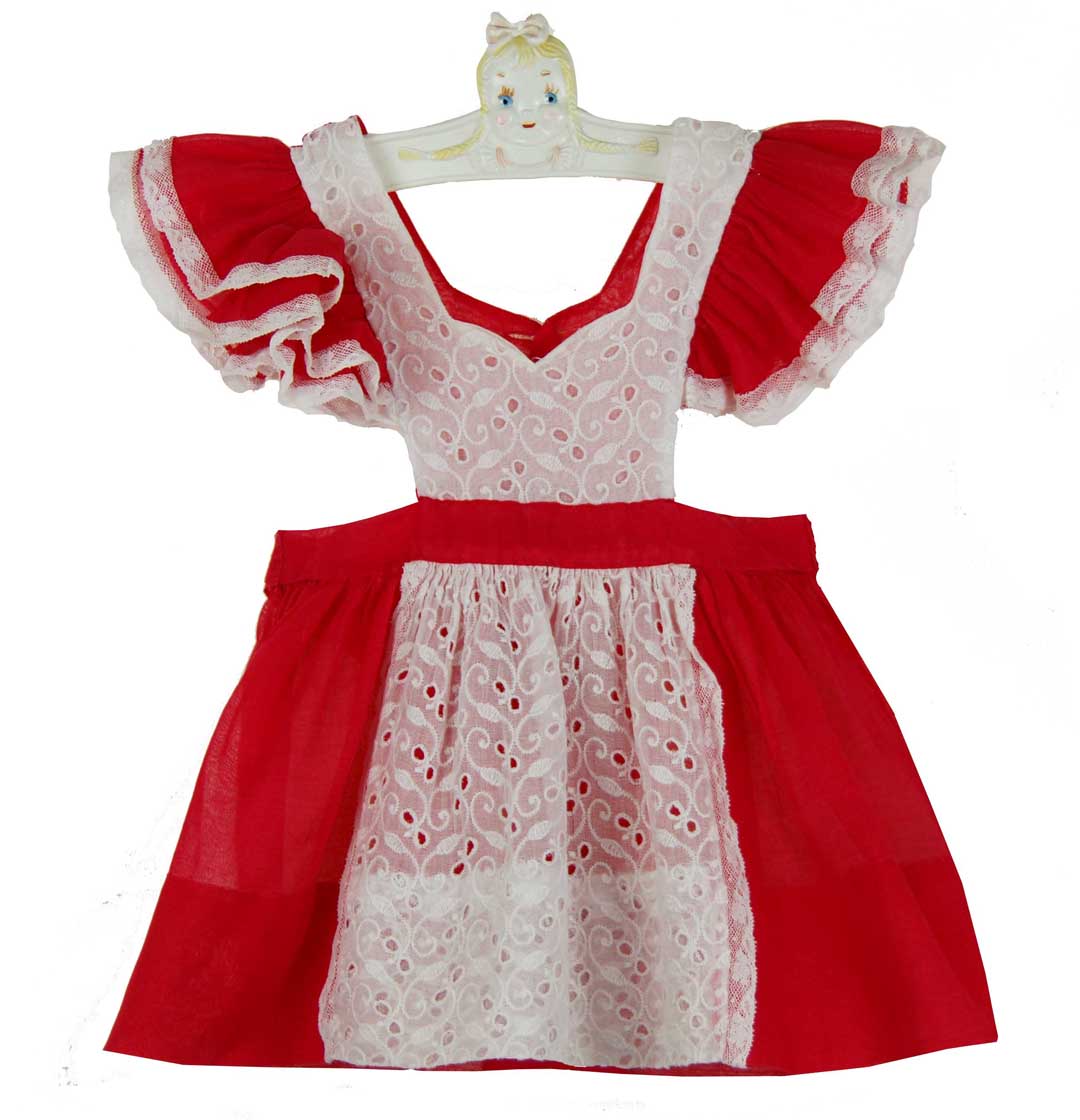 heirloom 1950s red organdy pinafore,vintage baby pinafore,baby girls heirloom pinafore,baby
