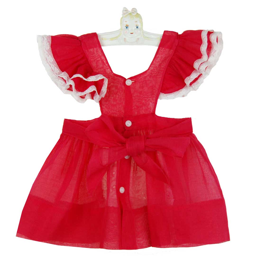 heirloom 1950s red organdy pinafore,vintage baby pinafore,baby girls heirloom pinafore,baby