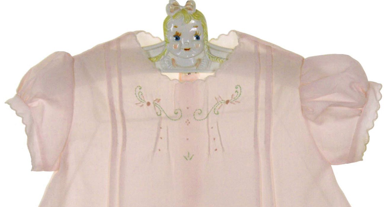 Heirloom Unworn Pink Pintucked Dress with Delicate Rosebud Embroidery