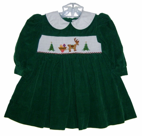 Holiday Baby Clothes House of Hatten Green Corduroy Smocked Baby Dress with White Collar Holiday Baby Clothes House of Hatten Green Corduroy Smocked Baby Dress with White Collar