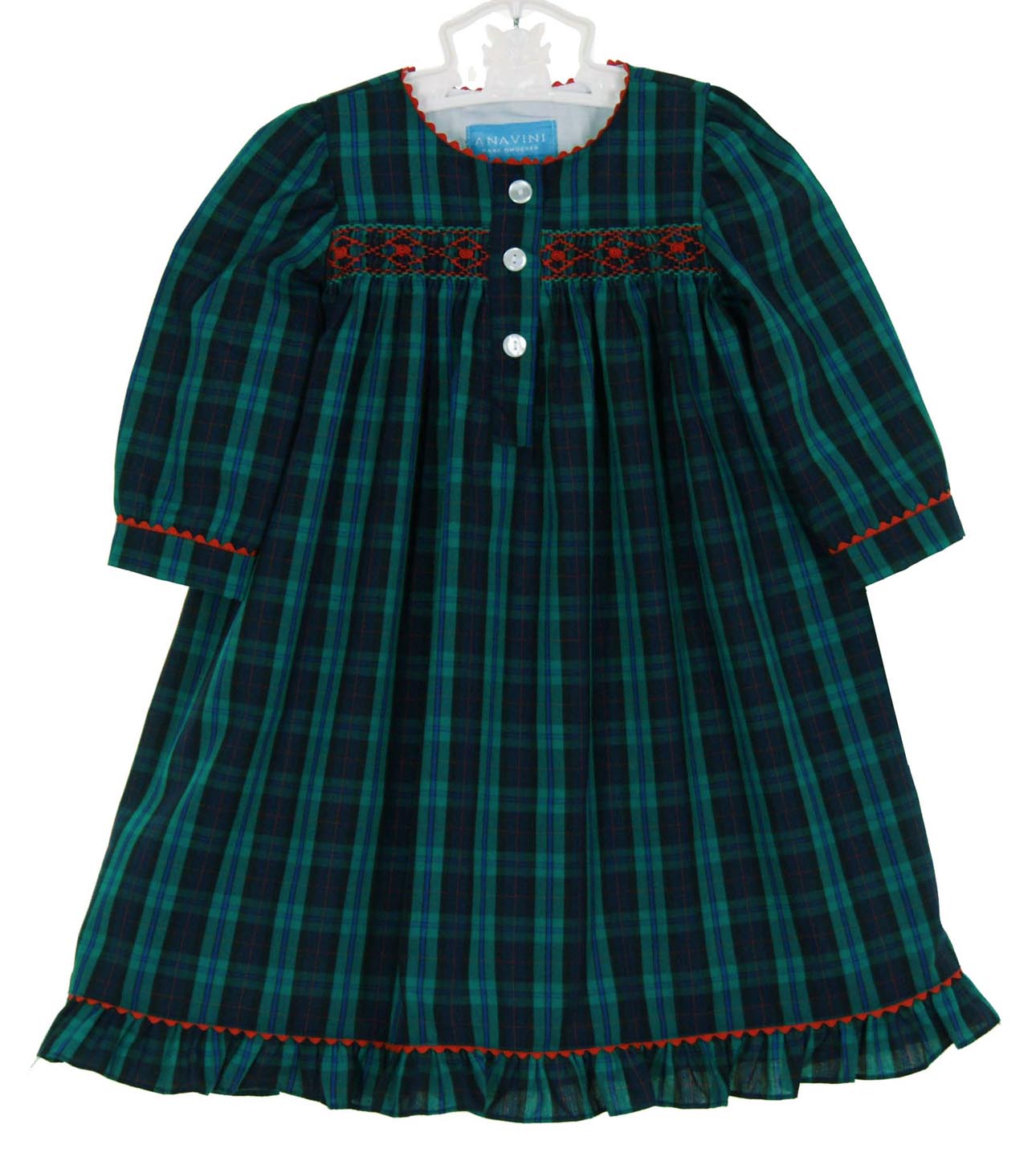 Anavini Girls Red Smocked Plaid Float Dress with White Collar main image 0