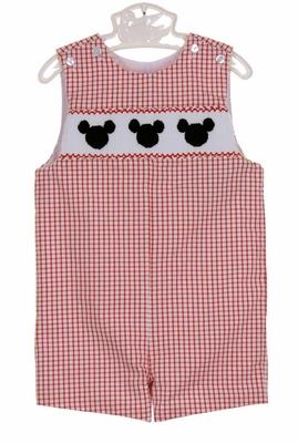 Anavini Girls Red Gingham Long Romper - Smocked Farm Animals