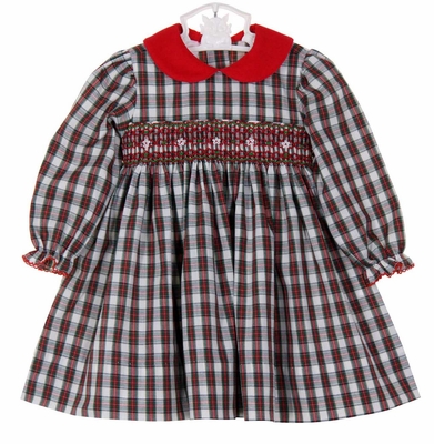 Anavini Couture Girls Red Holiday Plaid Dress - Scallop Collar - Sash - V-Back with Big Red Bow