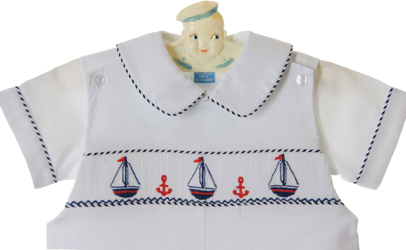 Anavini white smocked shortall set with sailboat embroidery,baby boys