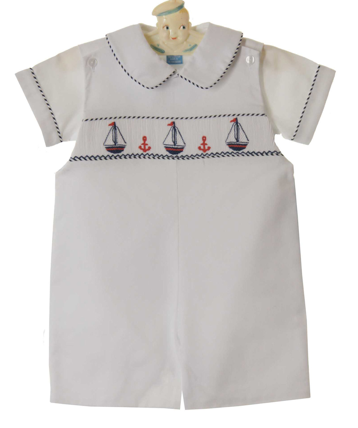 Anavini white smocked shortall set with sailboat embroidery,baby boys