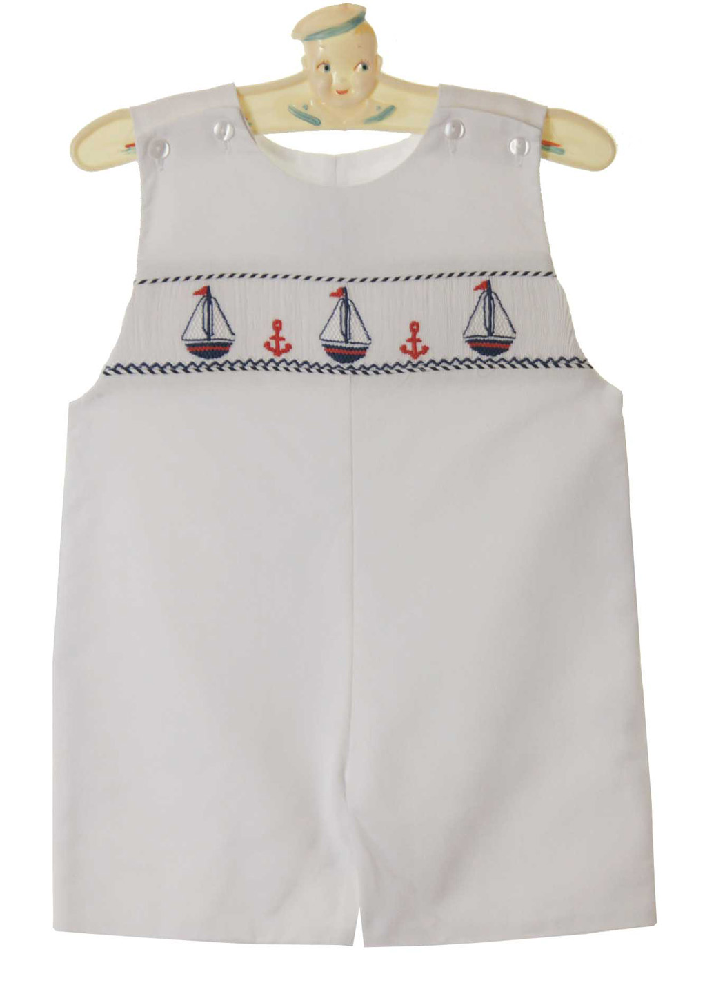 Anavini white smocked shortall set with sailboat embroidery,baby boys
