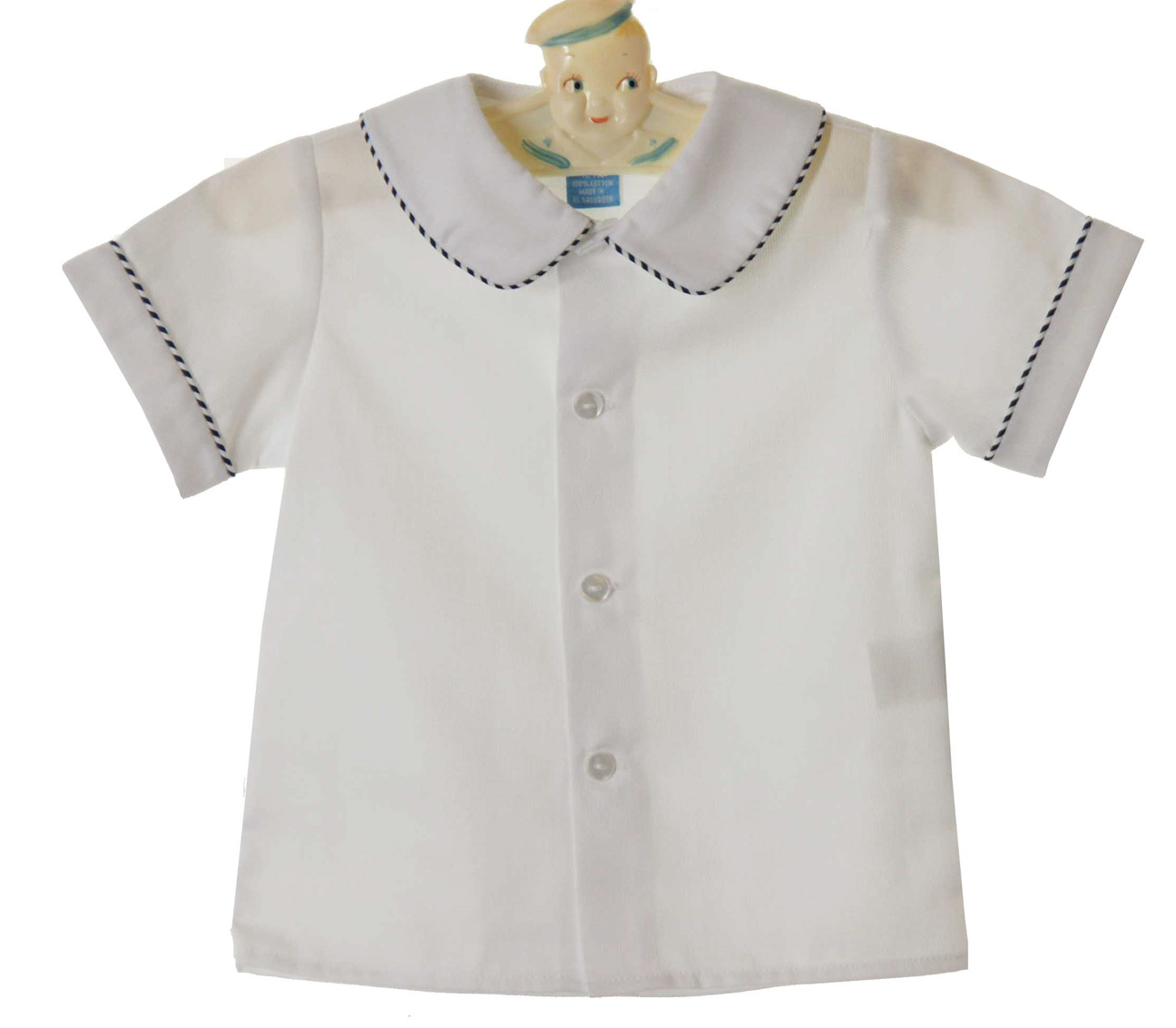 Anavini white smocked shortall set with sailboat embroidery,baby boys