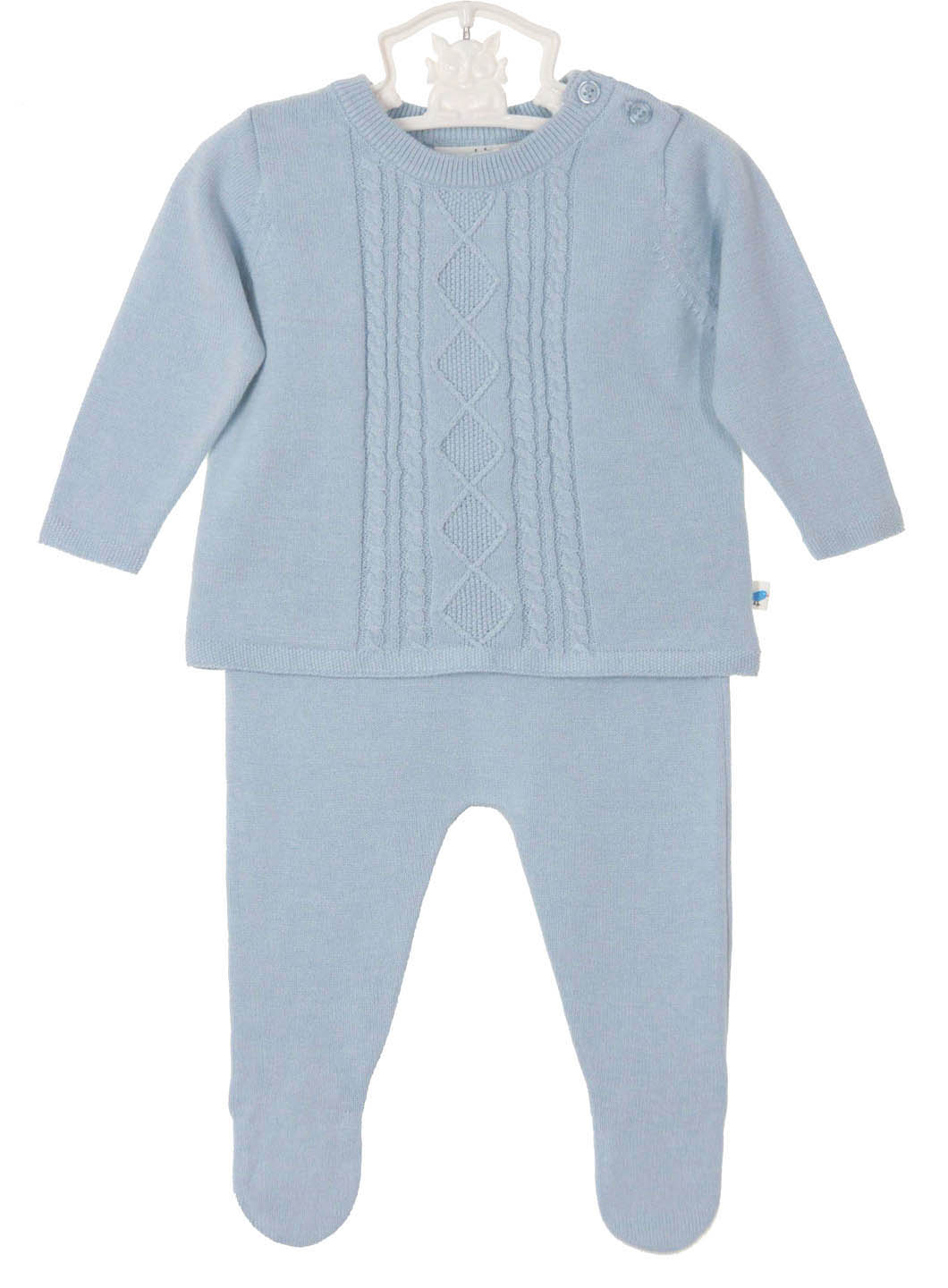 Angel Dear blue soft cotton cable knit sweater and footed pants set