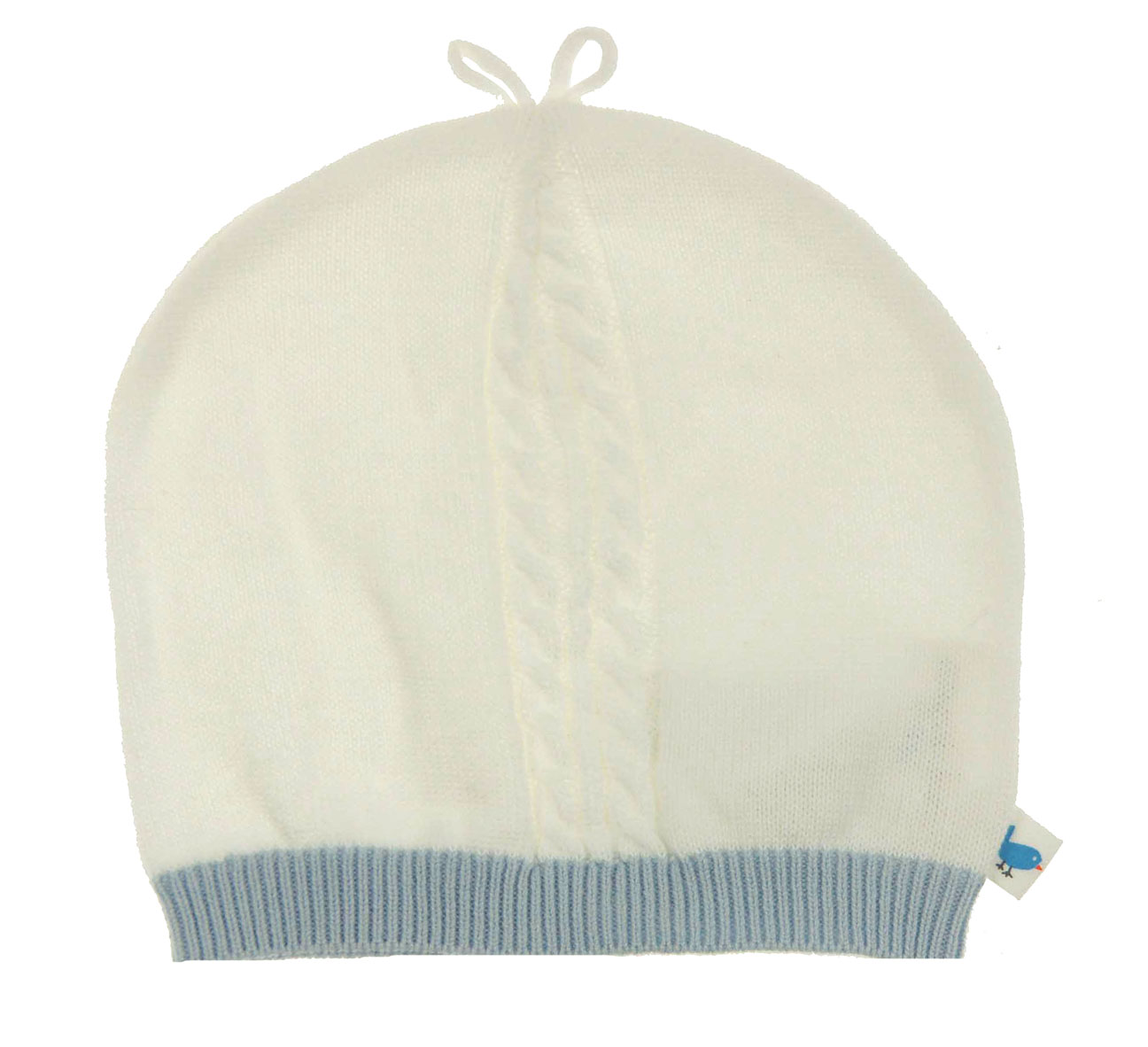 Angel Dear ivory soft cotton cable knit hat with blue trim,ivory soft cotton knit hat for baby
