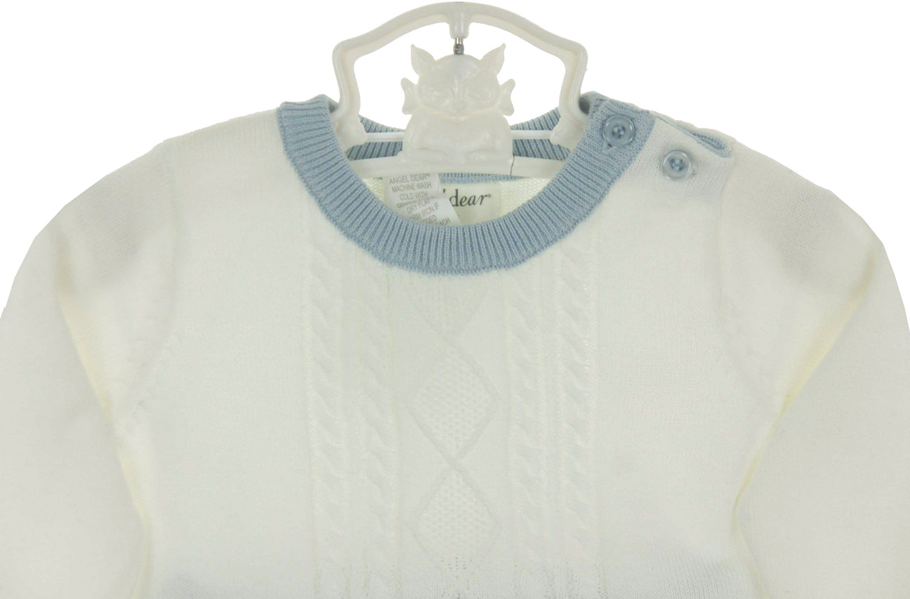 Angel Dear ivory soft cotton cable knit sweater and pants set with blue