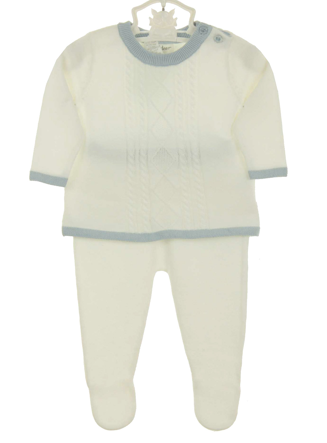 Angel Dear ivory soft cotton cable knit sweater and pants set with blue
