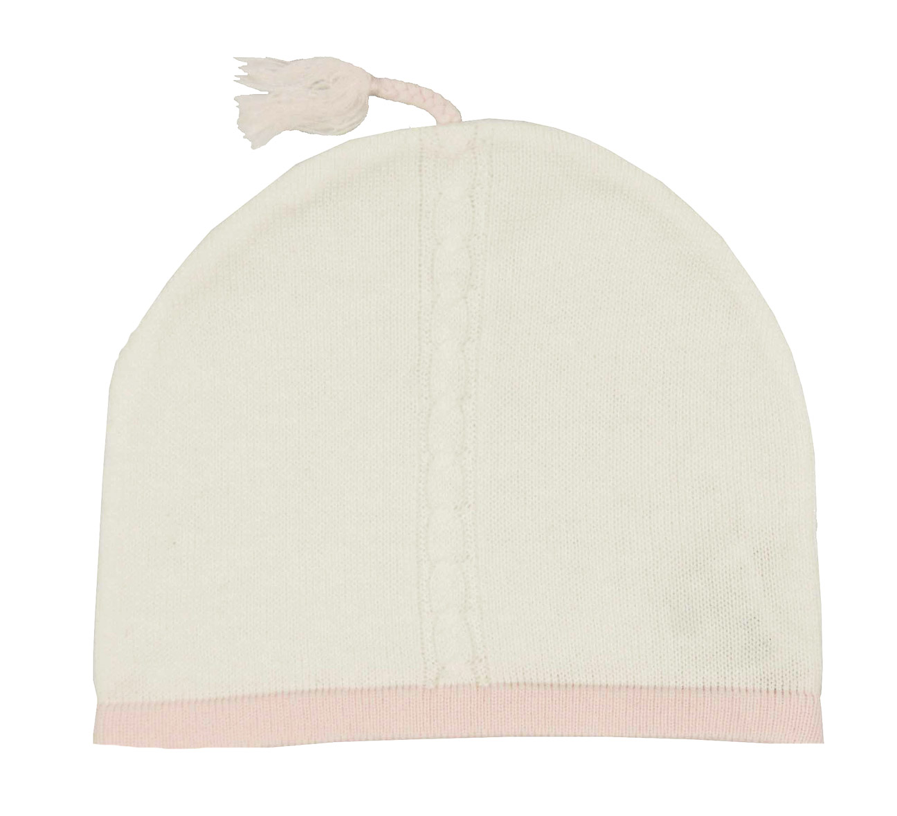 Angel Dear soft cotton knit baby hat with pink trim,ivory cotton knit