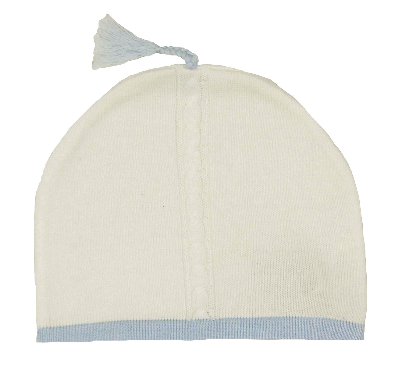 Angel Dear soft cotton knit baby hat with blue trim,ivory cotton knit