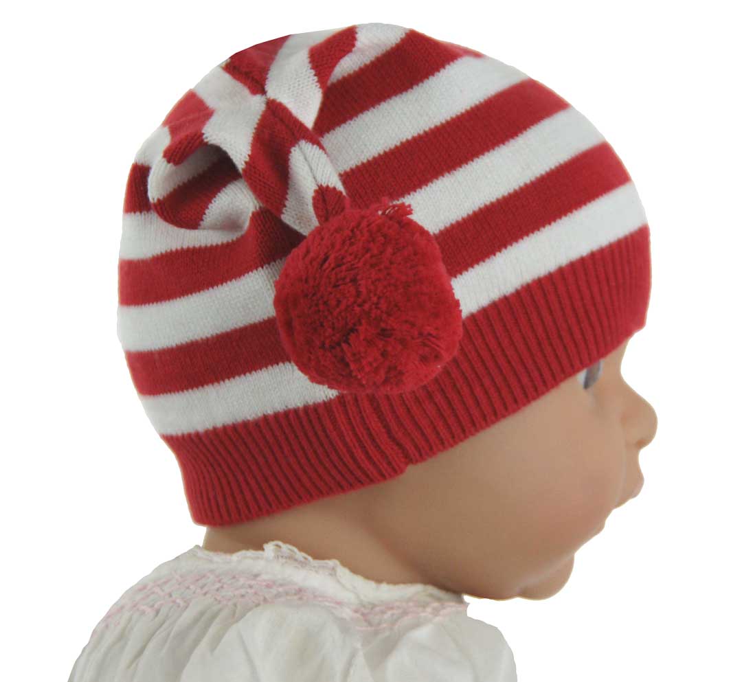 NEW Angel Dear Red and White Striped Soft Cotton Knit Hat with Pom Poms