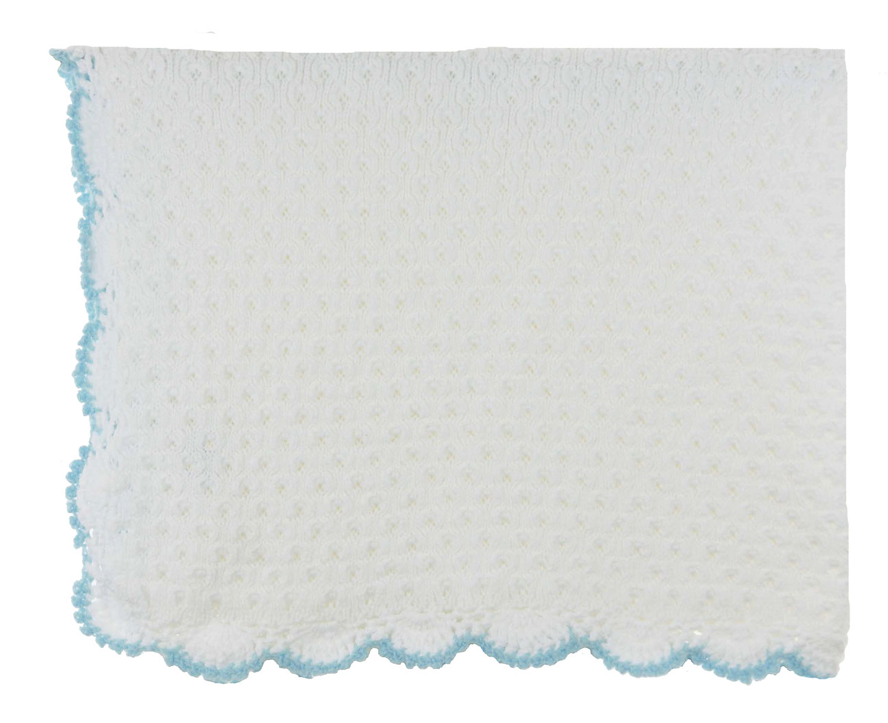 Baby's Trousseau white cotton knit blanket with blue scalloped edges