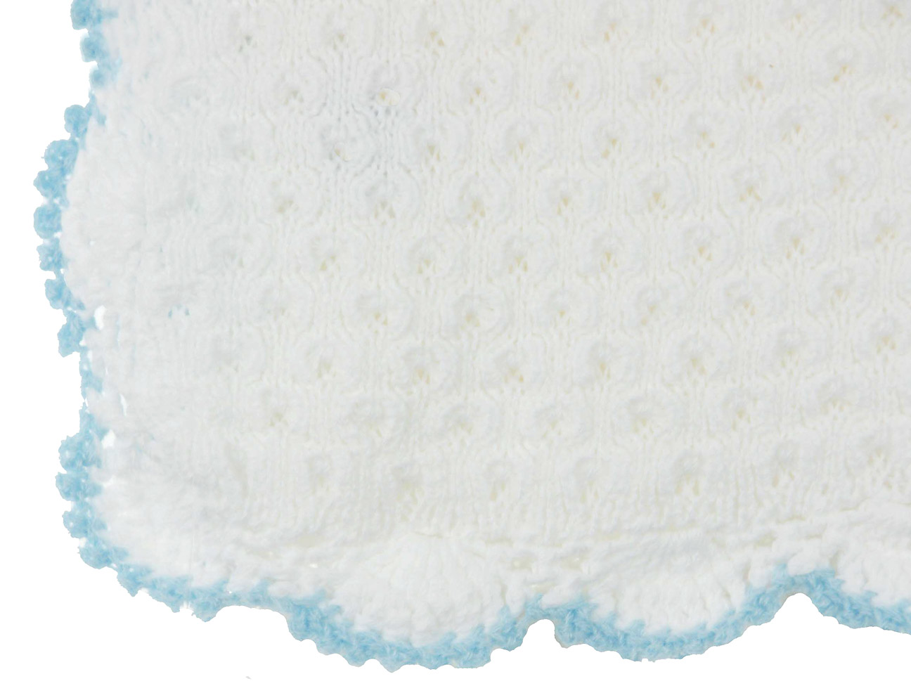 Baby's Trousseau white cotton knit blanket with blue scalloped edges