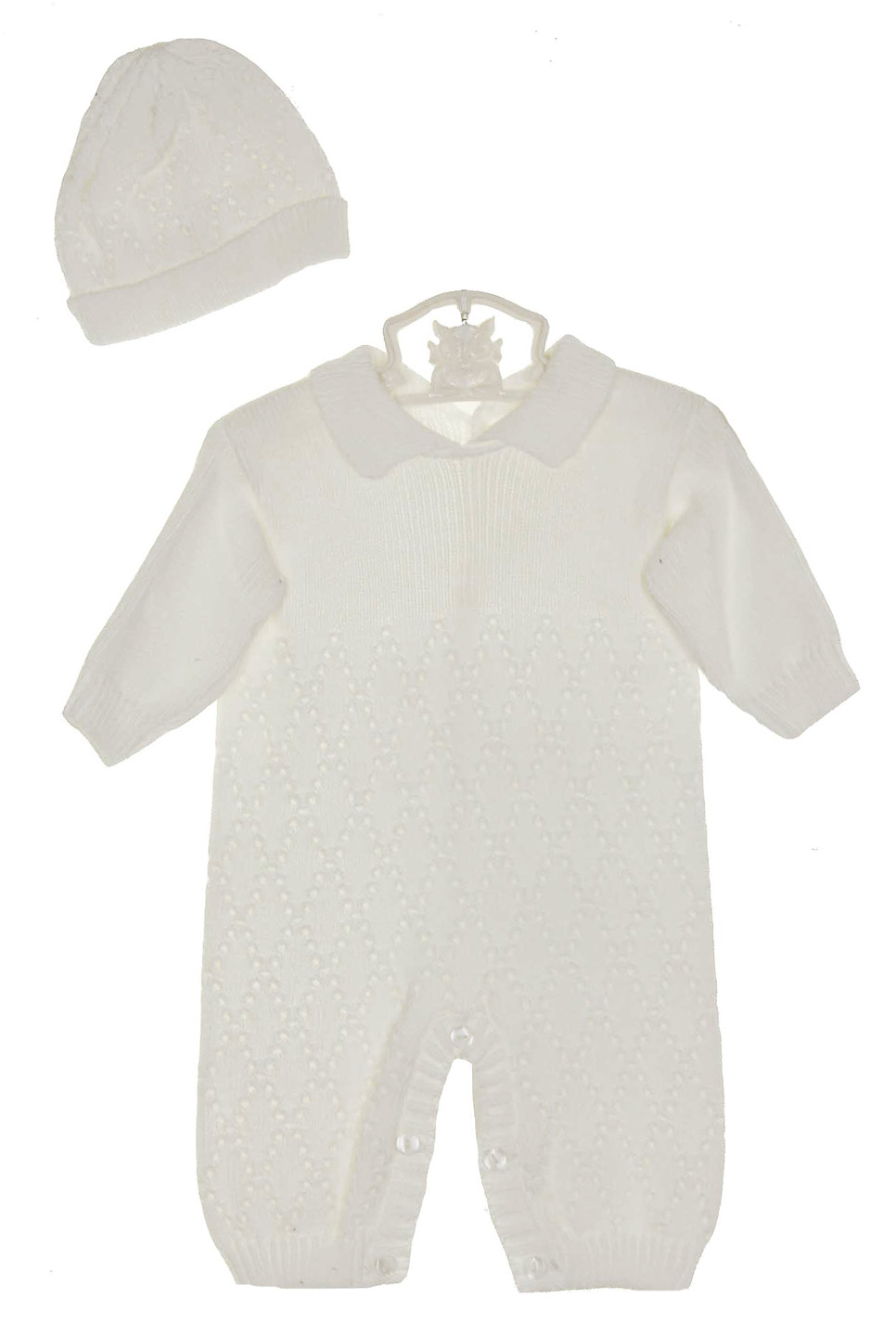 NEW Baby's Trousseau White Cotton Knit Romper and Hat Set with Openwork