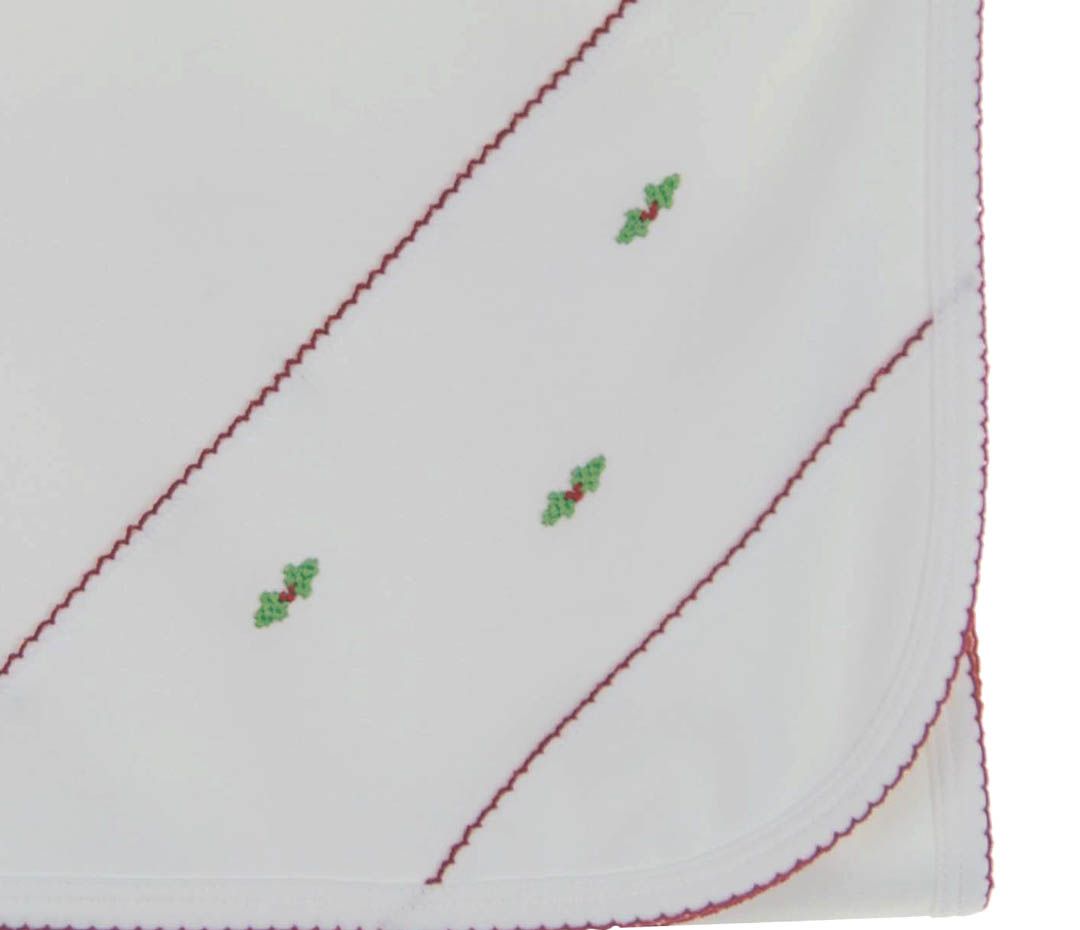 white pima cotton knit Christmas blanket with holly embroidery,white