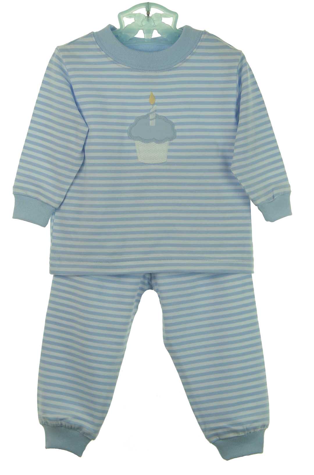 Bailey Boys blue striped pajamas with cupcake applique,baby boys
