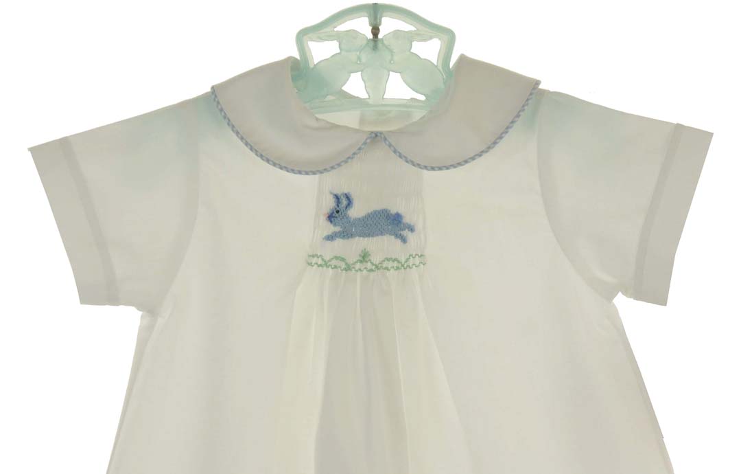 Bailey Boys white smocked daygown,white smocked daygown with blue bunny